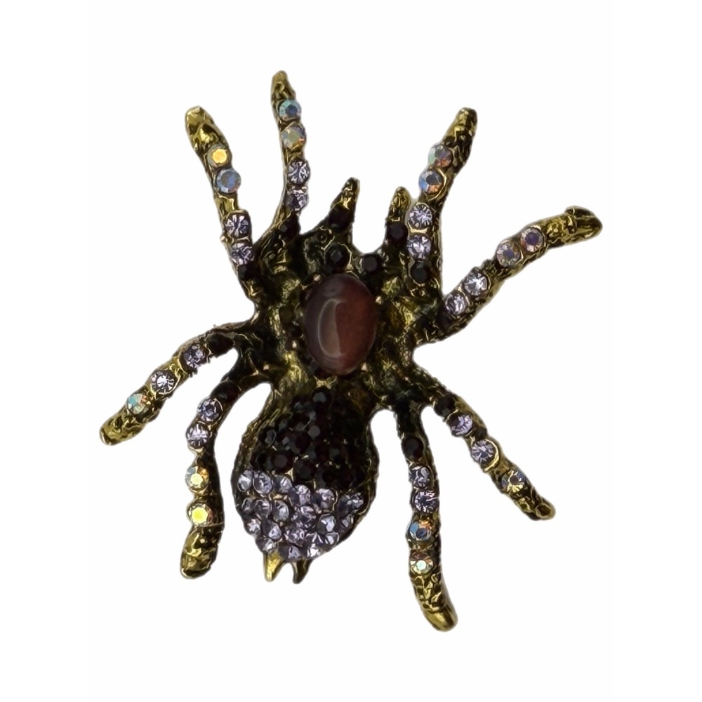 Vintage Style Spider Brooch Antique Gold Tone Purple Rhinestone Arachnid Pin